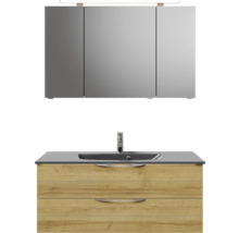 Waschbeckenunterschrank mit zwei Schubladen, Waschtischplatte, Waschbecken und Spiegelschrank mit Beleuchtung