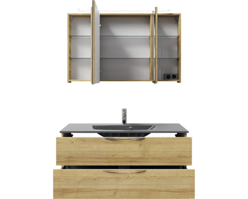 Waschtischkombination mit Spiegelschrank, Waschbecken, Armatur und Unterschrank