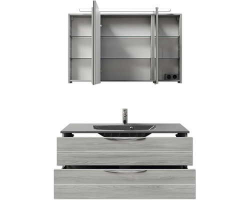 Waschtischkombination mit Spiegelschrank, Waschbecken, Waschtisch und Schubladen