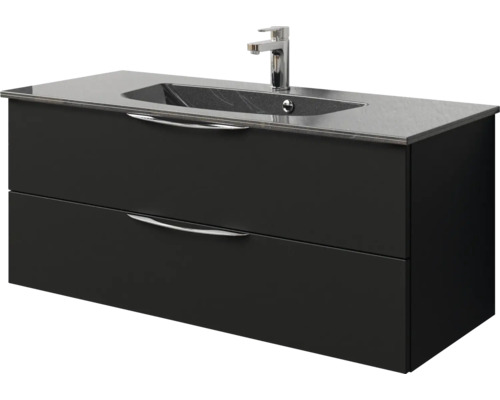 Waschbeckenunterschrank mit zwei Schubladen, Armatur und eingelassenem Waschbecken