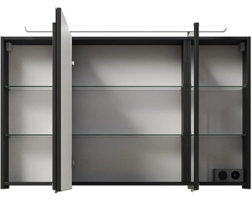 Offener Spiegelschrank mit Glasablagen und Beleuchtung