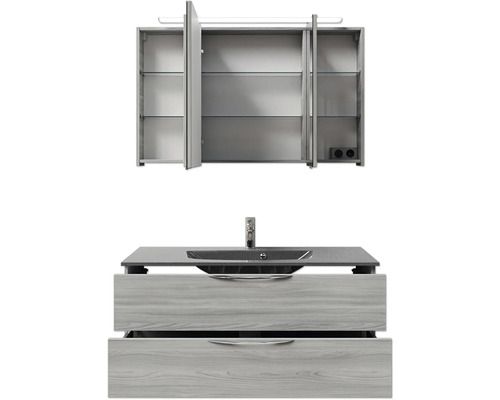 Waschbeckenunterschrank mit Aufsatzwaschbecken und Spiegelschrank