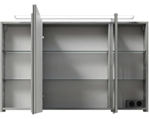 Geöffneter Spiegelschrank mit Glasböden und Beleuchtung