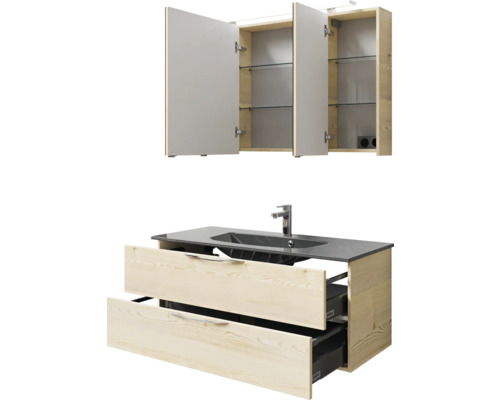 Waschtischkombination mit Spiegelschrank, Waschtischunterschrank mit zwei Schubladen, Waschtischplatte mit Becken und Armatur