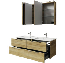 Badmöbel-Set Pelipal Sunline 300 BxHxT 132 x 200 x 48 cm Frontfarbe eiche riviera Badmöbelset 3-teilig mit Waschtisch Mineralmarmor