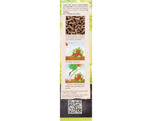 COMPO BIO Beeren Langzeitdünger mit Schafwolle, Anwendungsbeispiele und QR-Code zur zusätzlichen Information