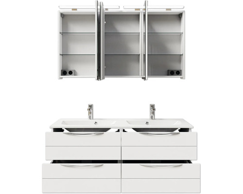 Waschtischunterschrank mit Doppelwaschbecken und Spiegelschrank mit offenen Türen