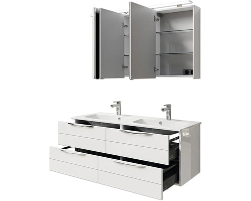 Badezimmer-Set mit Waschtischunterschrank, zwei Waschbecken und Spiegelschrank