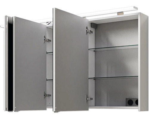 Offener Spiegelschrank mit Glasregalen und Beleuchtung