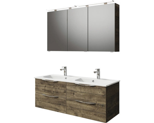 Badezimmermöbel-Set mit Waschbeckenunterschrank mit zwei Waschbecken und Spiegelschrank mit drei Türen