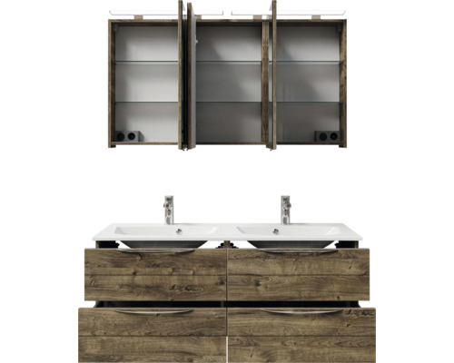 Badezimmermöbelset mit Doppelwaschbecken, Unterschrank mit Schubladen und Spiegelschrank