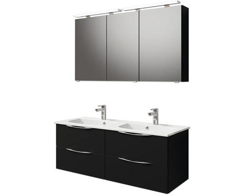 Waschtisch mit zwei Waschbecken und Unterschrank mit Schubladen sowie Spiegelschrank mit Beleuchtung