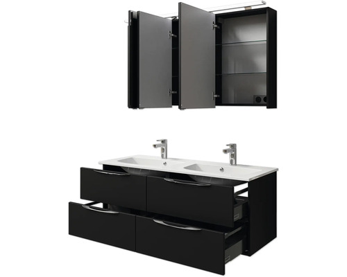 Badezimmermöbelset mit Doppelwaschtisch, Unterschrank mit Schubladen und Spiegelschrank mit Türen