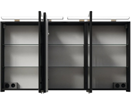 Offener Spiegelschrank mit Glasablagen und Beleuchtung