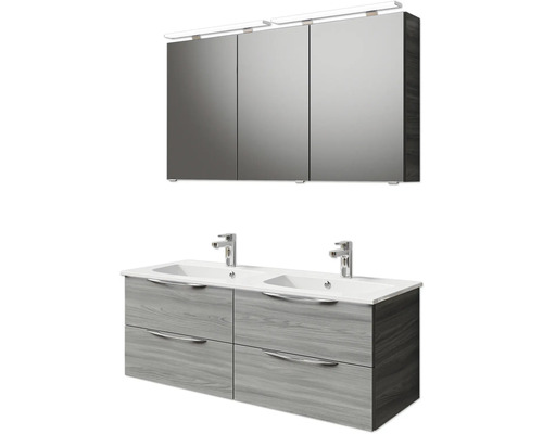 Badezimmermöbelset mit Spiegelschrank, Waschbeckenunterschrank, zwei Waschbecken und Armaturen