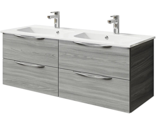Waschtischunterschrank mit zwei Waschbecken, vier Schubladen und Armaturen