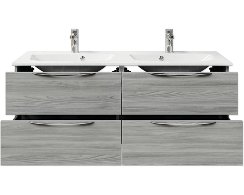 Waschtisch mit Doppelwaschbecken, grauen Schubladen und Griffen