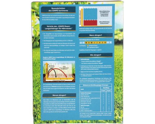 Informationen zu COMPO Rasen Langzeitdünger für Mähroboter, inklusive Anwendungszeitraum und Aufwandmenge.