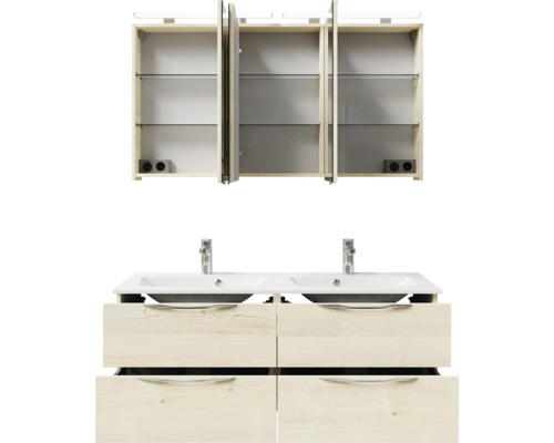 Waschtisch mit zwei Waschbecken, Unterschrank mit Schubladen und Spiegelschrank mit Fächern aus Glas