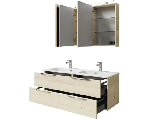 Badezimmermöbel Set mit Doppelwaschtisch, Unterschrank mit Schubladen und Spiegelschrank