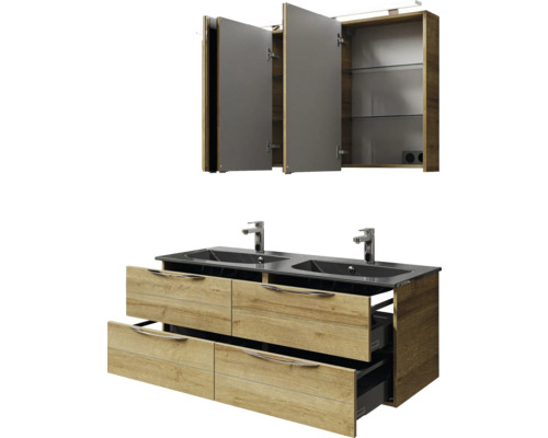 Badezimmermöbel-Set mit Waschtischunterschrank, zwei Waschbecken und Spiegelschrank