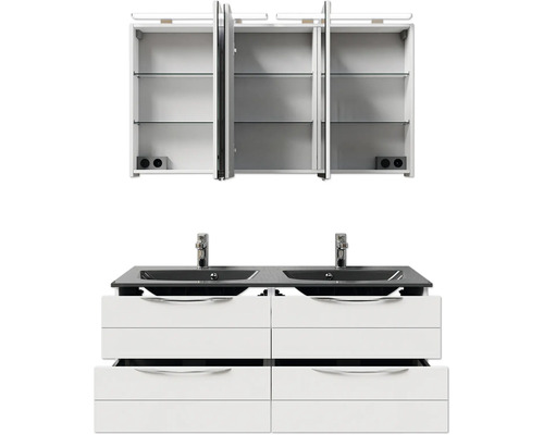 Waschtisch mit zwei Waschbecken, Unterschrank mit Schubladen und Spiegelschrank