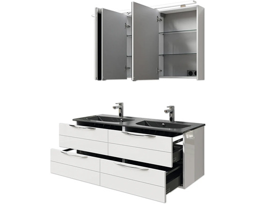 Badezimmermöbel Set mit Spiegelschrank, Waschtischunterschrank, zwei Waschbecken und zwei Armaturen