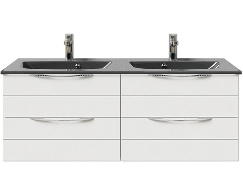 Waschtisch mit zwei Waschbecken, Armaturen und weißen Schubladen