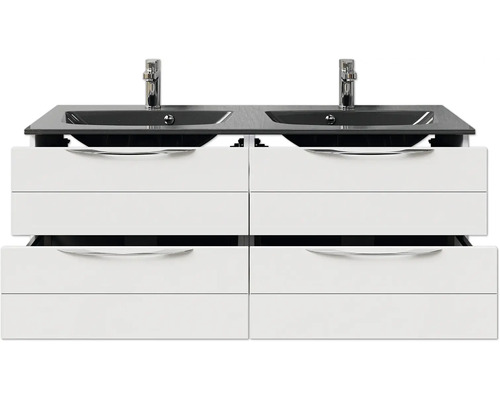 Waschtischunterschrank mit sechs Schubladen, zwei Waschbecken und zwei Armaturen