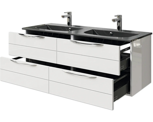 Waschtischunterschrank mit zwei Waschbecken, schwarzer Platte und weißen Schubladen