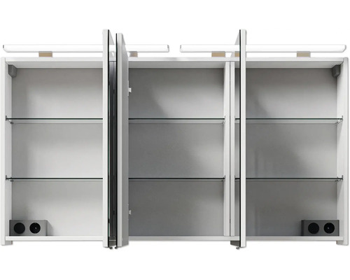 Offener dreitüriger Spiegelschrank mit Glasablagen