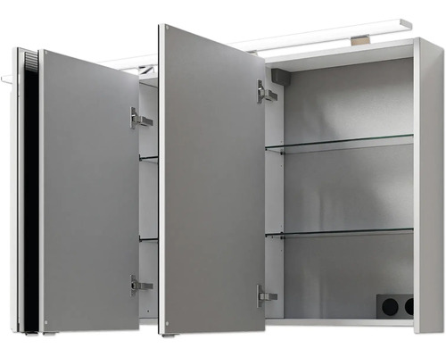 Offener Spiegelschrank mit drei Türen und Glasablagen