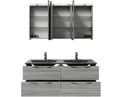 Waschtisch mit Unterschrank, Spiegelschrank und zwei Waschbecken