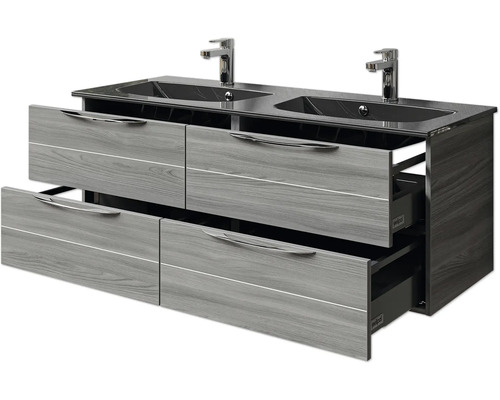 Waschtischunterschrank mit zwei Waschbecken, Schubladen und Armaturen