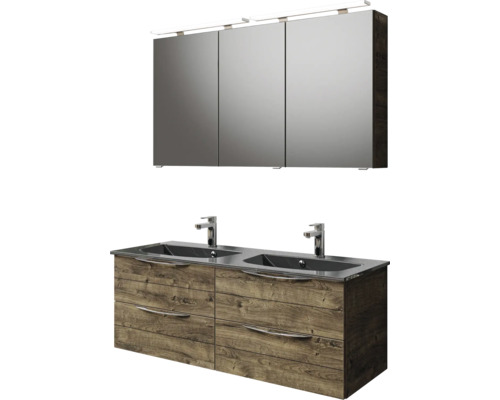 Badezimmerset mit Waschtischunterschrank, Doppelwaschbecken und Spiegelschrank mit Beleuchtung