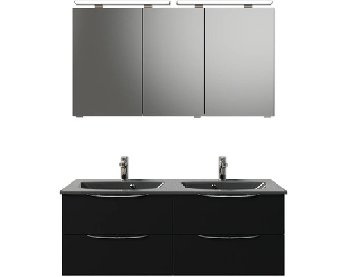Badmöbel-Set Pelipal Sunline 300 BxHxT 132 x 200 x 48 cm Frontfarbe schwarz matt Badmöbelset 3-teilig mit Waschtisch Mineralmarmor grau-metallic