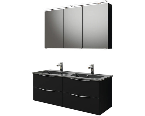 Badezimmerensemble mit Spiegelschrank und Waschtischunterschrank mit zwei Waschbecken