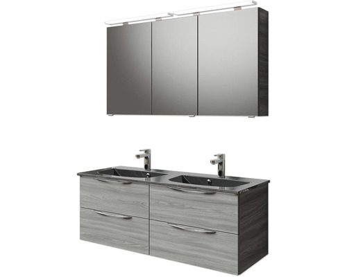 Waschtisch mit zwei Waschbecken, Unterschrank mit Schubladen und Spiegelschrank mit Beleuchtung