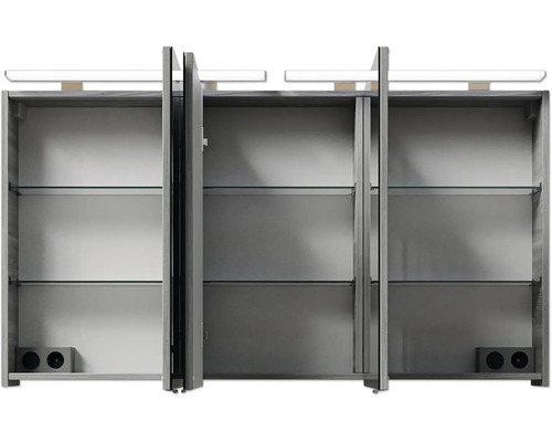 Dreiteiliger Spiegelschrank mit Glasböden und Beleuchtung