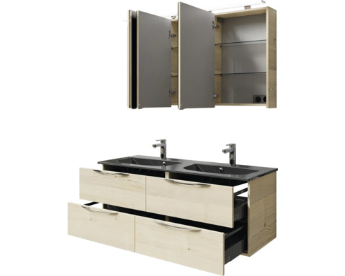 Badezimmer-Set mit Waschtischunterschrank, Doppelwaschbecken und Spiegelschrank