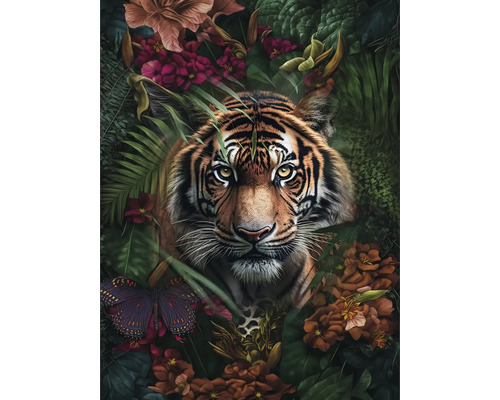 Leinwandbild Tiger In The Jungle 84x116 cm Tiger zwischen Blumen und Blättern