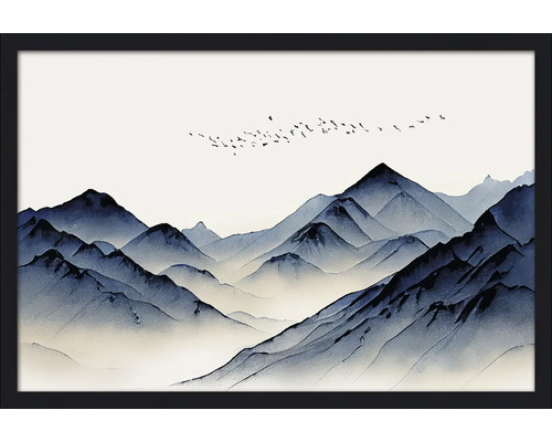 Gerahmtes Bild mit Berglandschaft und Vogelschwarm