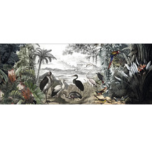 Dekoratives Wandbild mit tropischen Pflanzen und verschiedenen Vogelarten.