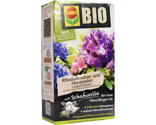Langzeitdünger COMPO BIO Rhododendron- und Hortensiendünger mit Schafwolle 100% natürliche Inhaltsstoffe 2 kg, 5 Monate Langzeitwirkung