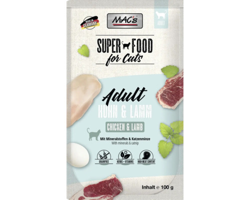 Katzenfutter nass MAC´s CAT Super food mit Adult Huhn & Lamm Mineralstoffen, Katzenminze 100 g getreidefrei