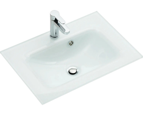 Aufgesetztes Waschbecken mit Armatur und Glasablage