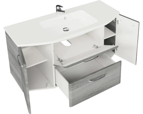 Waschtisch mit geöffneten Türen und Schubladen, Waschbecken und Armatur