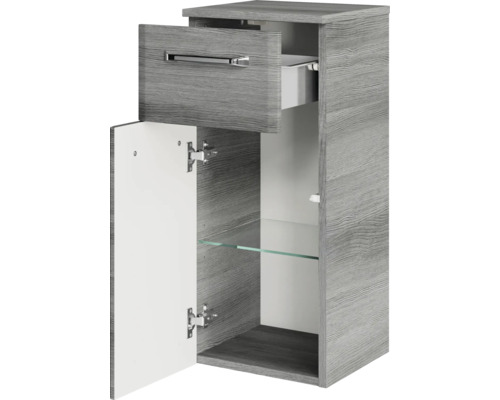 Grauer Hängeschrank mit einer Schublade, einer Tür und einem Glaseinlegeboden