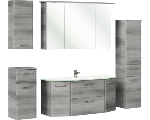 Badmöbel-Set Pelipal Quickset 328 BxHxT 175 x 200 x 39 cm Frontfarbe graphit struktur quer mit Glas-Waschtisch weiß, Hochschrank, Unterschrank und Wandschrank 328.120009 Badezimmermöbelset mit Waschtischunterschrank, Waschbecken, Spiegelschrank und Hochschränken
