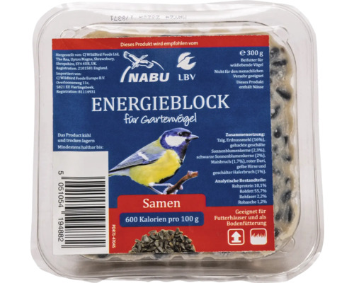 Wildvogelfutter CJ Wildlife Energieblock mit Samen Ganzjahresvogelfutter Energieriegel für Gartenvögel, 300 Gramm